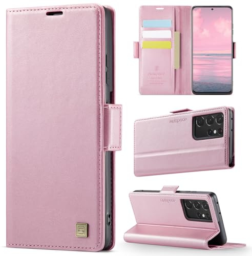 Teeirllim Coque pour Samsung Galaxy S21 Ultra 5G, [RFID Blocage] Etui Protection Housse Premium en Cuir PU, Pochette de Portefeuille Etui à Rabat Flip Case pour Samsung Galaxy S21 Ultra, Or Rose