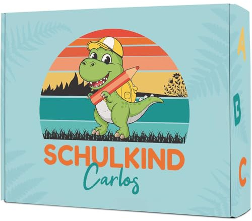 GRAVURZEILE DIY Geschenkbox zum Selbstbefüllen - Schulkind Dino - Personalisiert mit Namen - Geschenk zur Einschulung - Geschenkverpackung zum Schulanfang - 35,5 x 28 x 10 cm