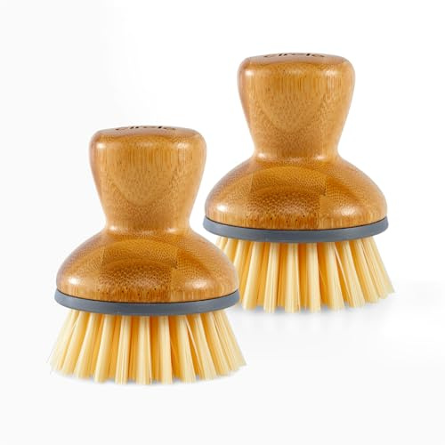 Full Circle Bubble Up Bamboo Dish Brush–Family Safe, Formaldehyde-Free–Ergonomic Palm Scrubber with Handle for Kitchen Cleaning,Dish Scrub Brush for Nonstick,Cast Iron & Sink,Gray,2 Pk