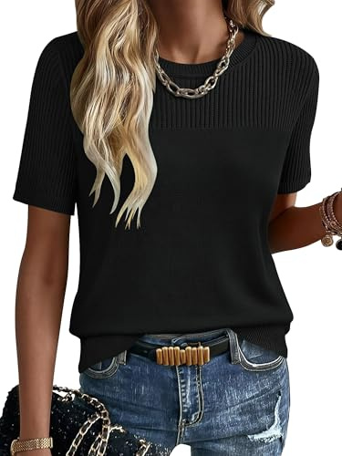 KISSMODA Womens Summer Knitted Tops Crewneck Short Sleeve Pullover Jumper | Lightweight Hollow Out Ribbed Knitted Sweater, Casual Solid Colour Knitwear, Basic Trendy Outfit for Summer Fall