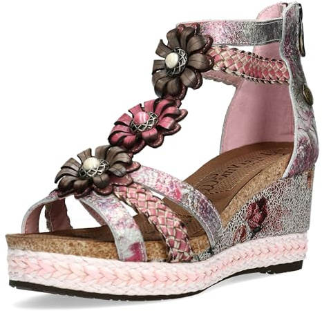 Laura Vita Damen Sandalette Espadrille mit T-Riemen Blumenapplikationen Facyo 72, Größe:39 EU, Farbe:Rosa