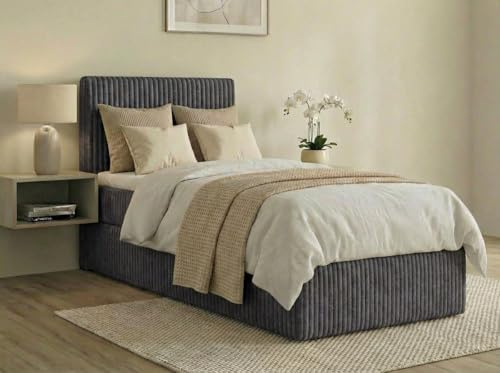 A&J MöbelLand Boxspringbett RALF 100x200 mit Bettkasten und Visco-Topper – Bonellmatratze H2 – Stauraum Links – Dunkelgrau