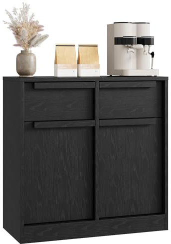 GarveeMore Buffet Moderne Compact – Armoire de Rangement en Bois Noir, 2 Portes et 2 tiroirs – Idéal pour Salle à Manger, Salon ou Cuisine, Parfait comme Meuble de Rangement ou Table à café – Couleur
