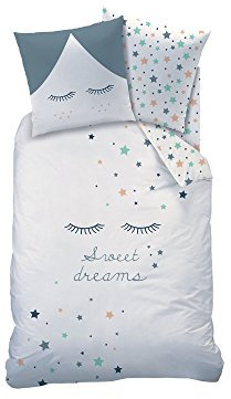 MATT & ROSE Parure de Lit Enfant Fille 1 Personne Imprimée Réversible Sweet Dreams | 100% Coton | Oeko-Tex | Housse de Couette 140x200 cm + 1 Taie d'oreiller 63x63 cm | Blanc, Bleu Gris