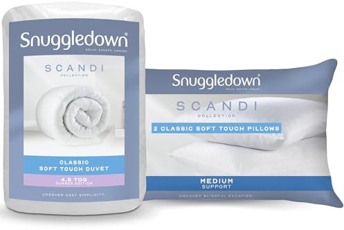 Snuggledown Soft Touch Double Duvet 4.5 Tog & 2 Pillows - Lightweight & Breathable Cool Summer Quilt for Hot Sleepers | UK-Made, Satin Striped Cover, Non-Allergenic, Machine Washable (200 x 200cm)