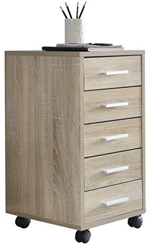 WOHNLING Rollcontainer LISA Sonoma 33x63x38cm Holz Schubladenschrank Schreibtisch | Büro Schrank mit 5 Schubladen | Container Rollschrank klein Standcontainer schmal | Schreibtischcontainer mit Rollen