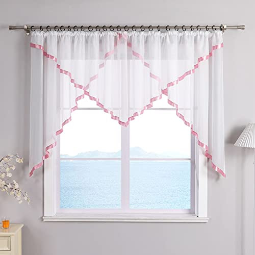 ESLIR Scheibengardine mit Kräuselband Gardinen Küche Bistrogardinen Transparent Stores Vorhänge Mit Satinband Voile Rosa HxB 120x450cm 1 Stück