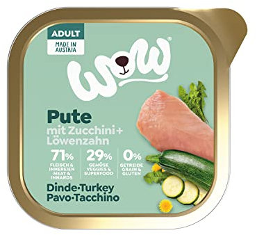 WOW Hundefutter nass Adult mit Pute, 11x 150g I reichhaltiges Nassfutter für ausgewachsene Hunde aller Rassen I beste Qualität mit viel Fleisch, Zucchini & Löwenzahn I hohe Akzeptanz & Verträglichkeit
