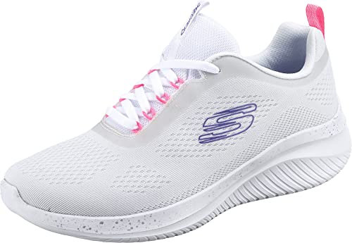 Skechers Femme Ultra Flex 3.0 New Horizons Basket, Bordure Rose Fluo en Maille Blanche, 40 EU