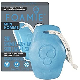 Foamie 3in1 Solider Reiniger für Männer mit Minze und Zitrone I Solides Shampoo, Gesichtsreiniger und Duschgel für Herren in 1 I Vegan plastikfrei 90g