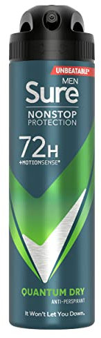 Sure Men Nonstop Protection Quantum Dry Anti-Transpirant Aerosol Men Deospray mit Körperwärme aktivierter Technologie und einem zitrusigen & holzigen Duft für 72h Geruchs- und Schweißschutz 6x 150ml