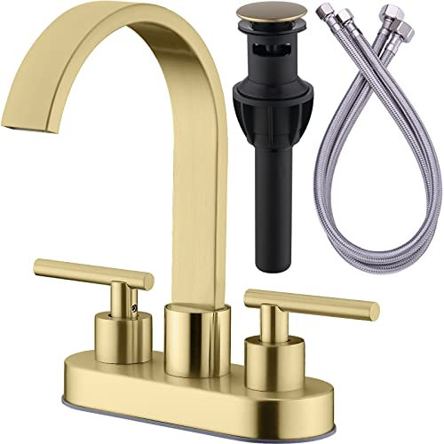 TRUSTMI Goldfarbener Badezimmer-Wasserhahn, 3 Löcher, 2 Griffe, Badezimmer-Waschbeckenarmatur, schwenkbar, Wasserfall, 10,2 cm, Mittelsatz, Waschtischarmatur mit Überlauf, Pop-Up-Ablaufmontage,