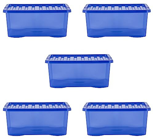 Wham Crystal 5 x 45L Stackable Plastic Storage Boxes with Lids | Ideal for Home, Office, Toys & More | Large Boxes | Made in UK - Spectrum Blue