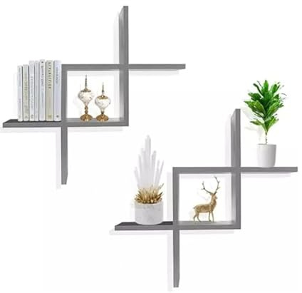 PREMZO Modern Criss Cross Design Floating Shelves Décor Display Storage Wall Mountable Shelf Storage Rack Unit Bedroom Living Room Bathroom Kitchen Home Office Set Of 2 (Grey)