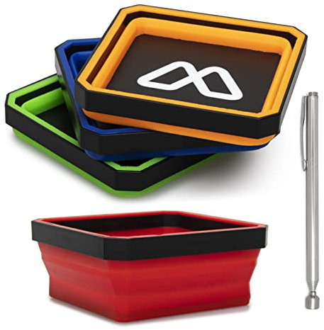 Bagulet Lot de 4 plateaux magnétiques pliables en silicone – Organiseur pliable pour petites pièces – Pour ranger les outils, boulons, écrous – Comprend un sélecteur magnétique.