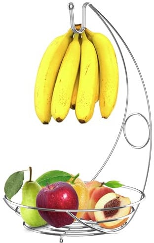 ZENO Fruit Bowl | Banana Holder | Fruit Basket with Banana Hook 40cm Tall | Fruit Baskets For Kitchens | Fruit Bowl with Banana Hanger | Wired Fruit Rack/Banna Stand Hanger | Chrome | 2 in 1 Large