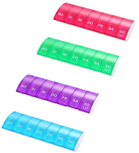 YSTP Tablettenbox 7 Tage, 4 Stück Wiederverwendbar Pillendose mit 7 Fächer Medikamentenbox 7 Tage Tabletten Organizer Pillendose Klein Tragbar und Leicht zu öffnen (Rot/Grün/Blau/Lila, 4 Stück)