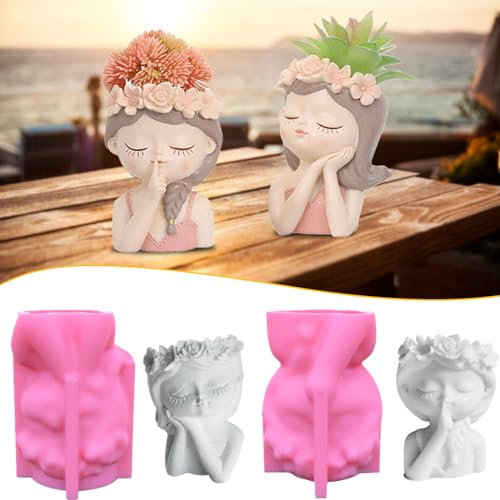 Blumentopf Beton Gießformen, 2 Stück Blumentopf Beton Silikon Mädchen Gießform, DIY 3D Sukkulenten Pflanzgefäße Formen, Epoxidharz-Formen Silikonform
