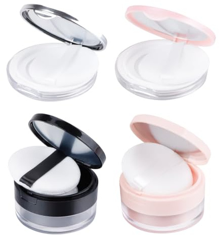 4Stück Behälter für loses Puder mit 8 Puderquasten, HAOTIAN-X 20g/5g nachfüllbar Kunststoff leeren Pulver Fall kompakte Container, tragbare DIY Make-up-Pulver Fall mit Spiegel Netz Sifter Löffel