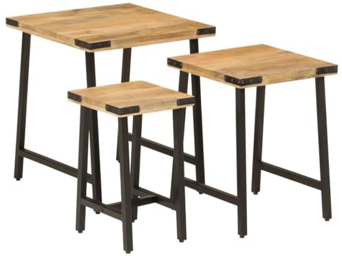vidaXL Satztisch 3 STK., Nesting Couchtisch für Schlafzimmer Wohnzimmer Büro, Beistelltisch mit viel Platz, Nachttisch Tisch, Massivholz Mango Eisen