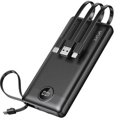 VRURC Portable Charger, Built-in Cables Power Bank 10000mAh, LED Display Slim USB C Battery Pack with 5 Output 2 Input for iPhone, Samsung, Android etc-Black
