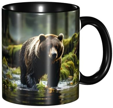 Tasses classiques noires en céramique pour cappuccino, latte, céréales, yaourt, lait, boissons chaudes ou froides, four à micro-ondes, motif ours marron