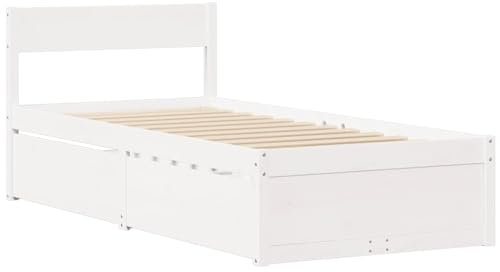 vidaXL Massivholzbett mit Schubladen, Bett mit Kopfteil, Einzelbett für Schlafzimmer, Holzbett Bettgestell, Weiß 75x190cm Massivholz Kiefer