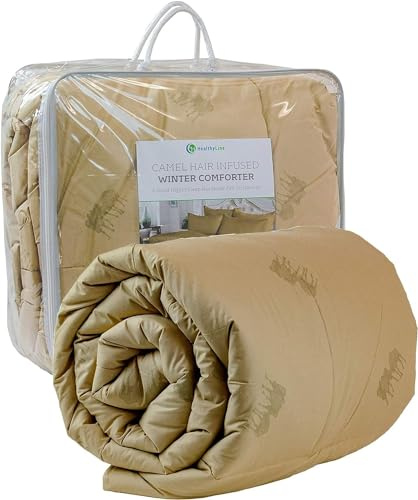 HealthyLine Edredón alternativo de plumón de invierno de pelo de camello, manta de lana transpirable natural, algodón, 233TC, 300 g/m², relleno de edredón con pestañas en las esquinas, caqui, tamaño