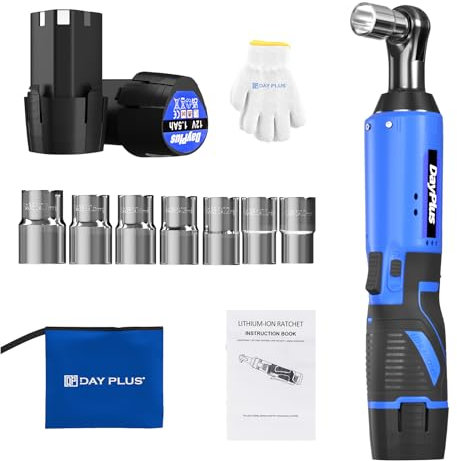 Drive Socket Ratchet Wrench, 3/8” Electric Ratchet Wrench Right Angle, 40Nm, 12V Cordless Electric Portable Tools, with Reverse and Forward Functions, 2 x 1500mAh Battery (Blue)