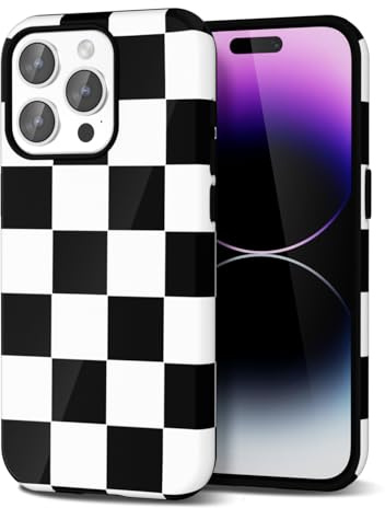 Svanove Checkered Phone Case for iPhone 14 Pro Max Case Plaid Lattice, Girly Cute Case for Women, Aesthetic Checker Print Design, Slim Thin Hard Shell Plastic Glossy Cover, Black White