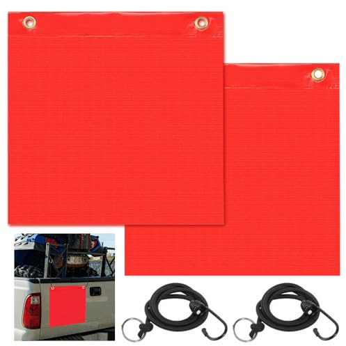 SKJJM 2 Stück Rote Warnflagge, Warnfahne für Überhängende Lasten Wasserdicht, 30x30cm, Warnflaggen mit Gummiseil Kupferschnallen Flagge für Auto Wohnwagen Anhänger Fahrradträger