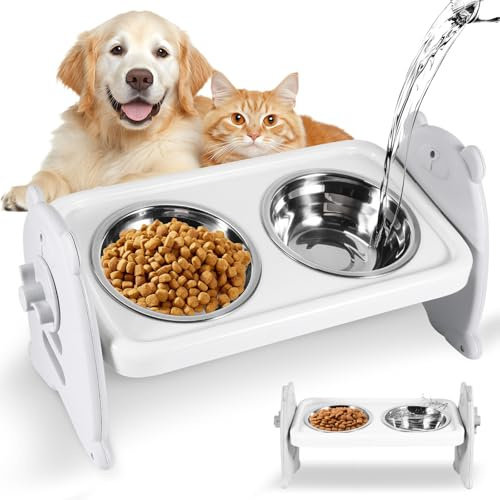 OUZHOU Raised Dog Bowl, Elevated Dog Bowls with Stand 3 Height Adjustable ABS Dog Feeding Station with 2 Stainless Steel Bowls, Neck Protection Raised Cat Bowls Anti Slip Feet for Dog and Cat Feeding