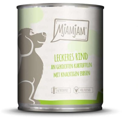 MjAMjAM - Premium Nassfutter für Hunde - leckeres Rind an gekochten Kartoffeln mit knackigen Erbsen, 6er Pack (6 x 800 g), getreidefrei mit extra viel Fleisch