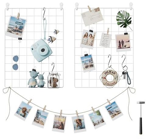 SONGMICS Wandgitter für Foto, Metall Wandgitter-Panel, DIY Draht Foto hängen Display, 2 Stück mit S-Haken, Clip, Hanfschnur, 16,5 x 12,2 Zoll, Weiß ULPP01W