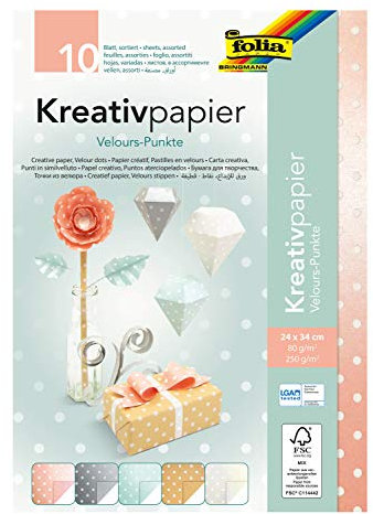 folia 51349 - Kreativpapier, einseitig mit Velourspunkten veredeltes Papier und Karton, 80 und 250 g/m², 10 Blatt in farbharmonischer 5 facher Sortierung