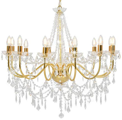 vidaXL Kronleuchter mit Perlen Deckenleuchte Deckenlampe Kristall Lüster Hängeleuchte Hängelampe Pendelleuchte Pendellampe Golden 12xE14-Fassungen