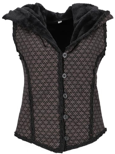 GURU SHOP Kurze Goa Weste mit Weiter Flauschiger Kapuze `Flower of Life`, Damen