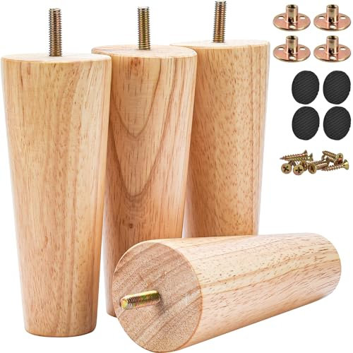 Btowin 8cm Holz Möbelfüße, 4 Stück Massivholz Tischbeine Möbelbeine mit vorgebohrten M8 5/16 Bolzen & Montageplatten & Schrauben für Schrank Sofa Bett Ottomane