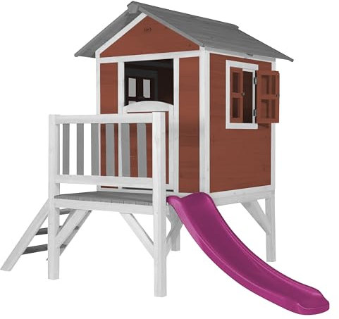 AXI Spielhaus Beach Lodge XL in Rot mit Rutsche in Lila | Stelzenhaus aus FSC Holz für Kinder | Kleiner Spielturm für den Garten..