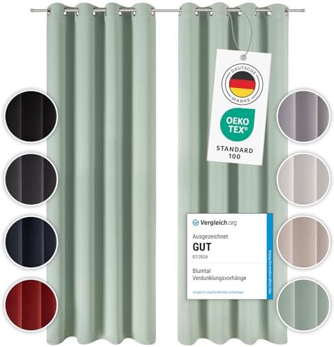 Blumtal Verdunklungsvorhänge 2er Set - Thermovorhang Hitzeschutz - Vorhang Blickdicht mit Ösen - Gardinenschals mit Schlaufen - Lärmschutzvorhang - Gardinen 138x117cm - Ösenvorhang - Vorhang Grün