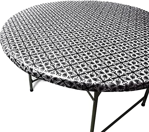 TopTableCloth Fits Tables up to 55 to 60 Inch Round Tablecloth Elastic Black Patterned Large Round TableCover Wedding Plastic Vinyl Fitted Table Cloth Flannel Backing Holidays Xmas Outdoor Party