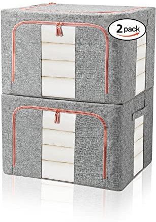 FUSACONY Kleideraufbewahrung Box 2 Stück, Kleiderschrank Organizer Faltbar Aufbewahrungsbox mit Metallrahmen und 2 Fenster, Aufbewahrungstasche für Bettdecken, Kleidung, Bettwäsche, Grau (100L)