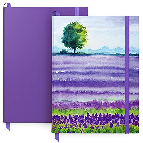ARTEZA Notizbücher liniert, Hardcover Notizbuch 2er Set, 15,2 x 20,3 cm, je 96 Blatt, Lavendel Felder Design und Lila, 2x Notizbuch liniert mit glattem Papier, Zum Planen, Schreiben und Skizzieren