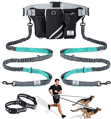 SHINE HAI Retractable Hands Free Dog Leash with Dual Bungees for 2 Dogs, Adjustable Waist Belt Fanny Pack, Reflective Stitching Leash for Running Walking Hiking Jogging Biking Black