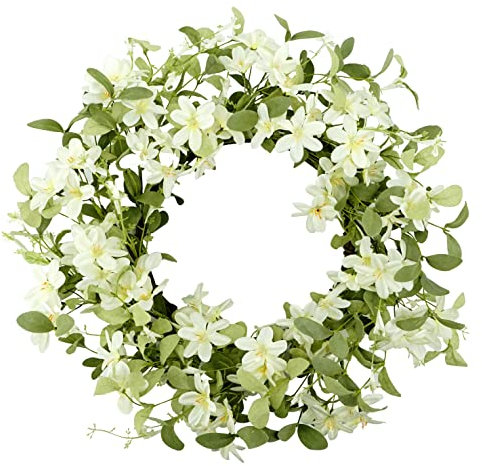 WreathDream 18'' Fall Wreath Autumn Wreath for Front Door with Green Eucalyptus Leaves and White Cherry Blossoms for Thanksgiving Home Outdoor Farmhouse Porch Wall Decoration, White Gift Box Included
