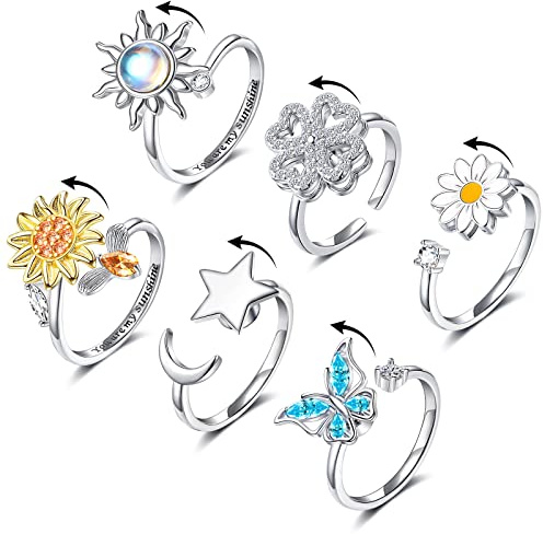 FUNEIA 6Pcs Fidget Ring for Women Anti-Anxiety Rings Adjustable Open Stackable Spinner Rings Set