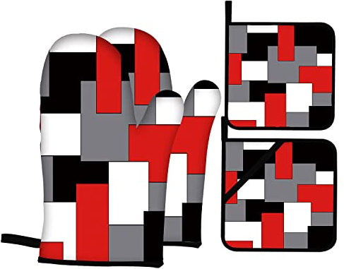 Rot Schwarz Grau Weiß Ofenhandschuhe und Topflappen Sets von 4 Rot Grau Geometrische Ofenhandschuhe Ofenhandschuhe Topflappen und Ofenhandschuhe für Küche Backen Kochen Grillen (Rot)