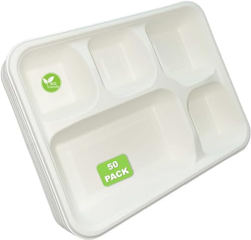 DEcorative Concepts UK 5 Compartment Bagasse Plates Biodegradable & Compostable ECO Friendly Dinner Party Plates Perfect for Everyday USE Party Picnic BBQ (50)