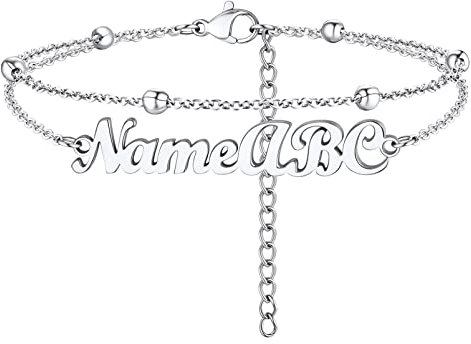 PROSTEEL Femme Bracelet de Cheville Prénom Personnalisé Inoxydable Chaîne de Pieds Double Couche 22+5cm