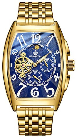 FORSINING Mode Männer Rechteckige Uhren Tourbillon Automatische Edelstahl Uhr Wasserdicht Casual Business Mechanische Armbanduhr, Goldfarben/Blau, Armband